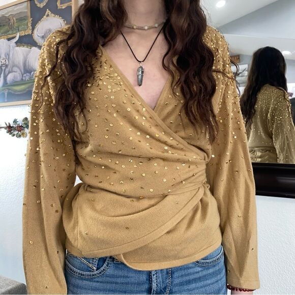 Newport News Womens V-Neck Long Sleeve Sequins Wrap Top Blouse Brown Size XL - Picture 2 of 15